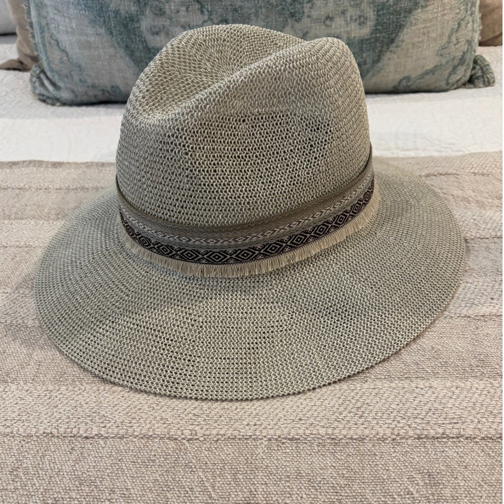 Wyeth Structured Straw Fedora Earthy Geometric Embroidered Band Fringe
